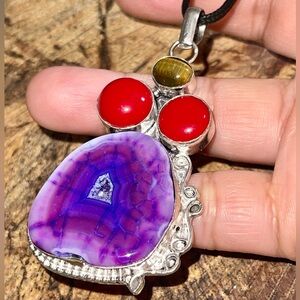 Huge Tiger Eye, Quartz & Onyx Pendant 2 7/8”